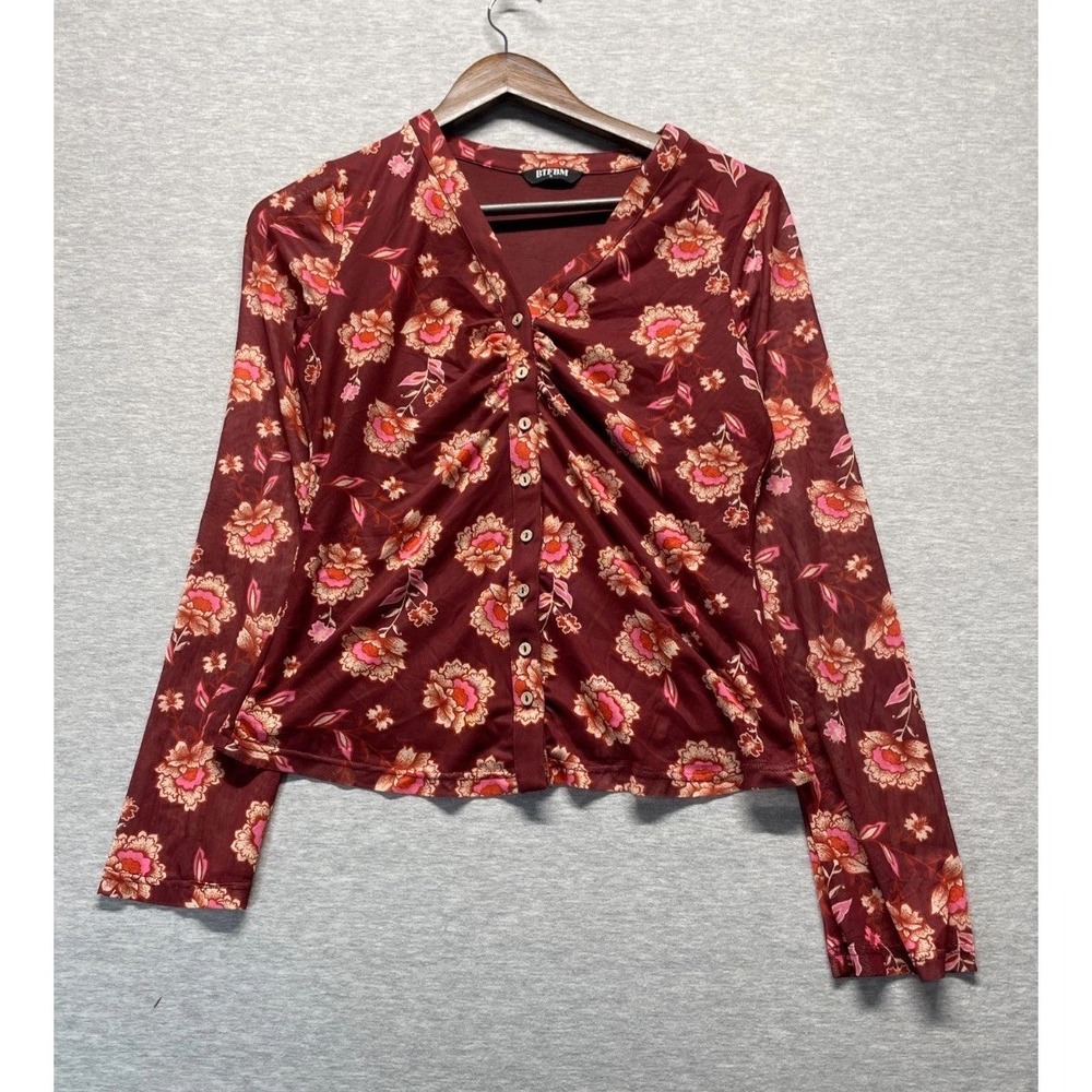 BTFBM Blouse Top Womens Small Burgundy Floral Print Lined Ruched Button Front